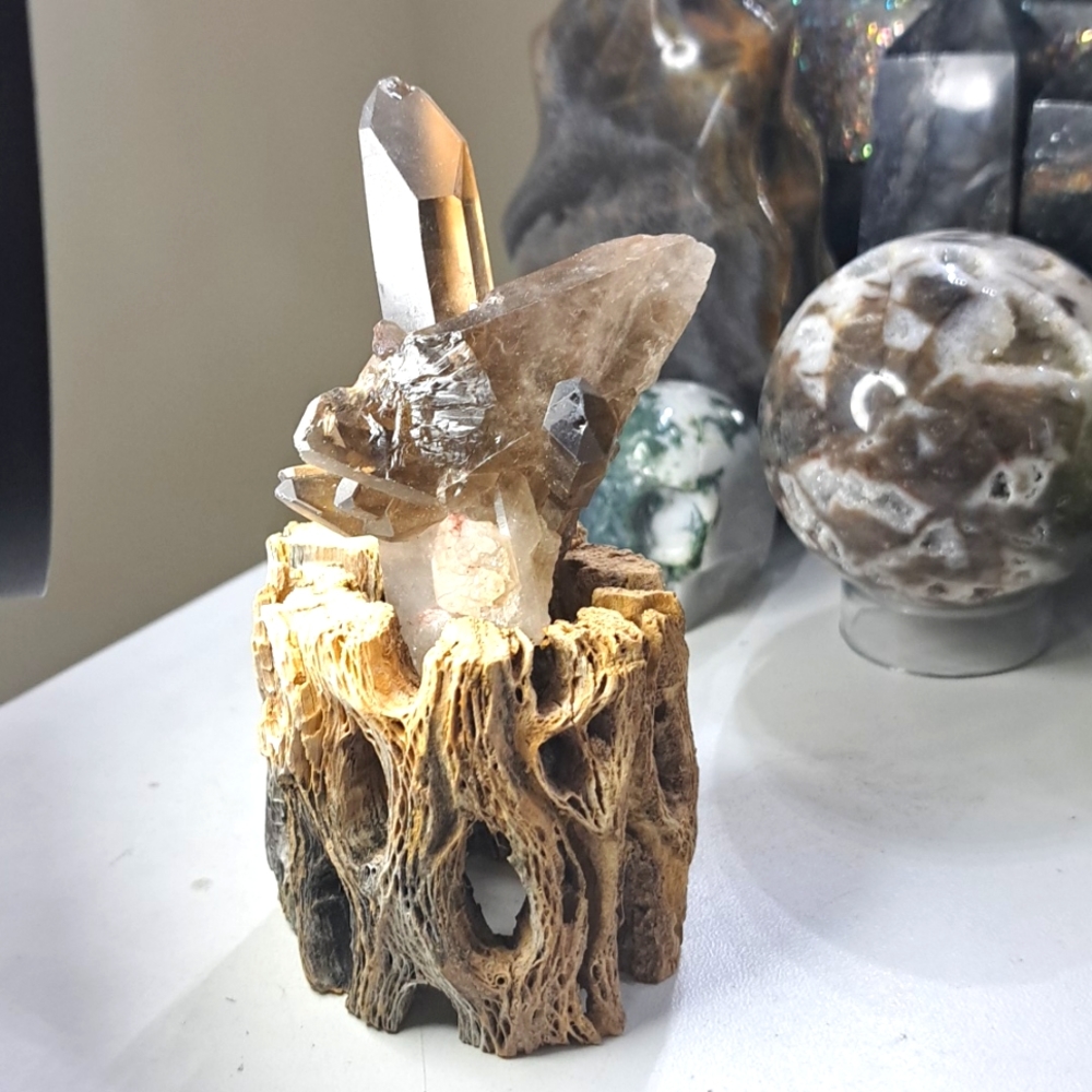 Unique smoky quartz crystal specimen on a wood stand
